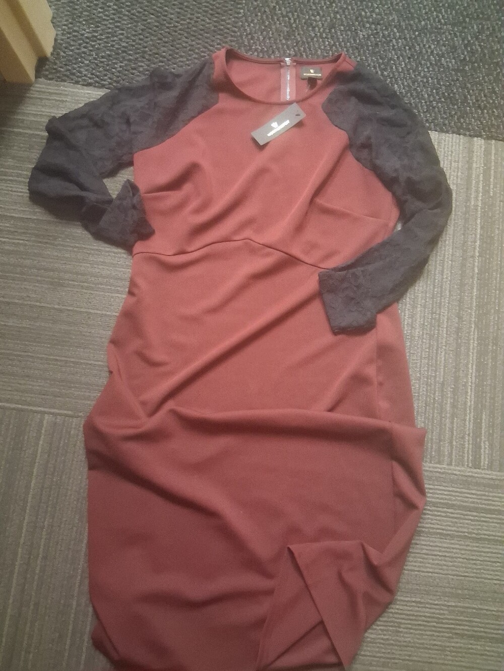 Worthington Mauve Slip Dress with Charcoal Lace Sleeves